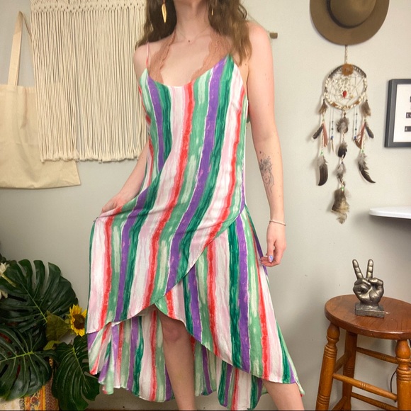 Lulu's Brushstroke of Luck Green Purple Red Pink Watercolor Midi Dress Medium - Picture 1 of 15